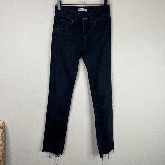 Acne Jeans Women‎ High Rise Straight Leg Denim Jeans Raw Hem Black 27 Core - Picture 1 of 13